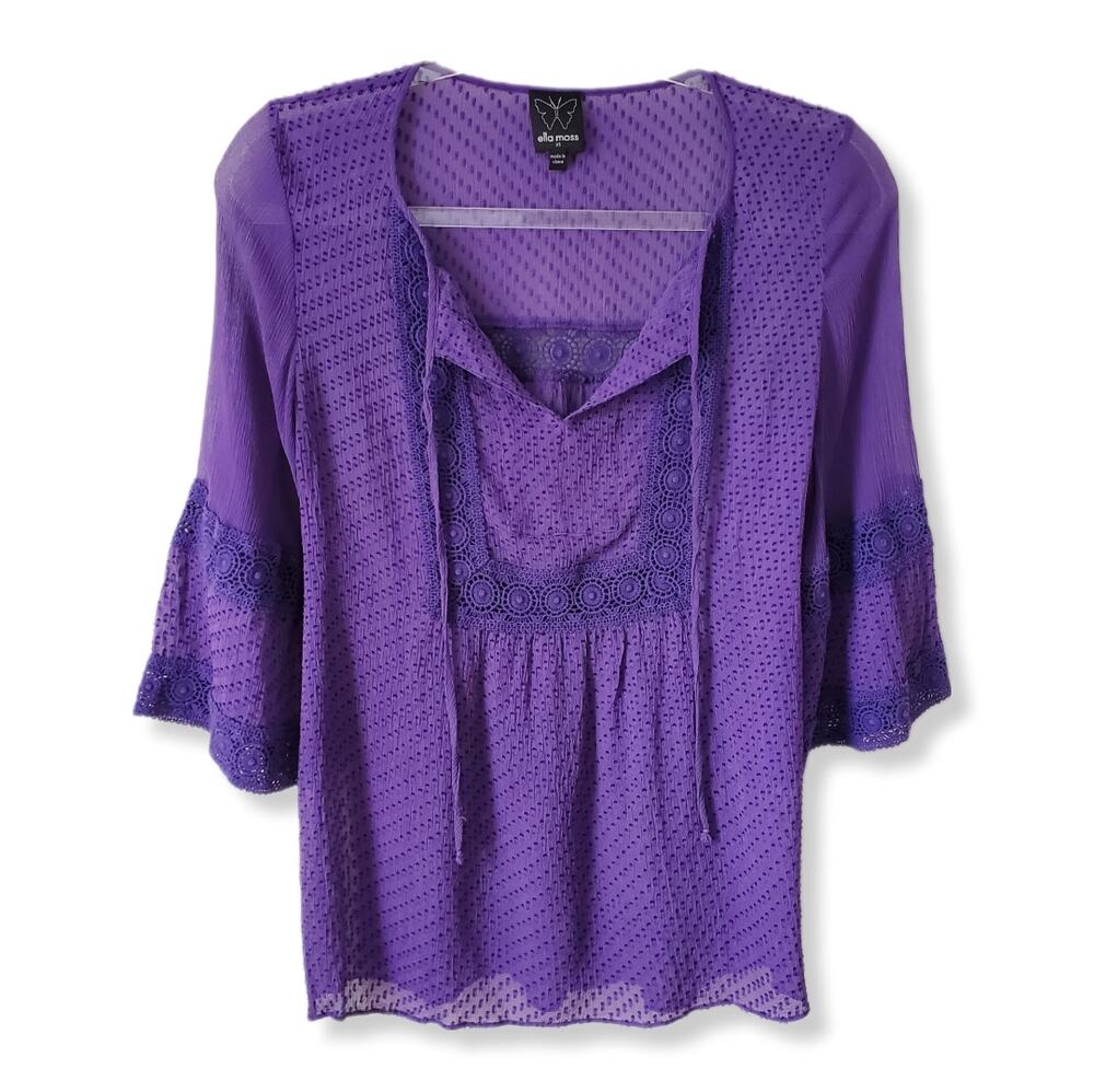 Ella Moss Sheer Silk Purple Blouse Top XS Crochet Hippie Boho Fairy Whimsy NEW